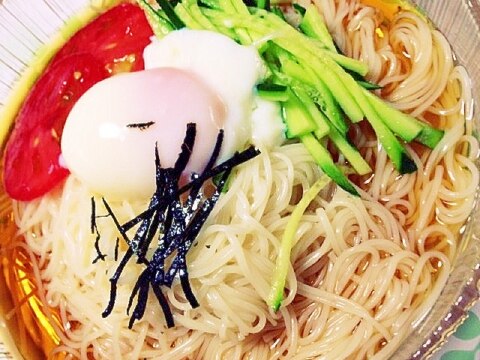 夏野菜♪温卵ぶっかけそうめん